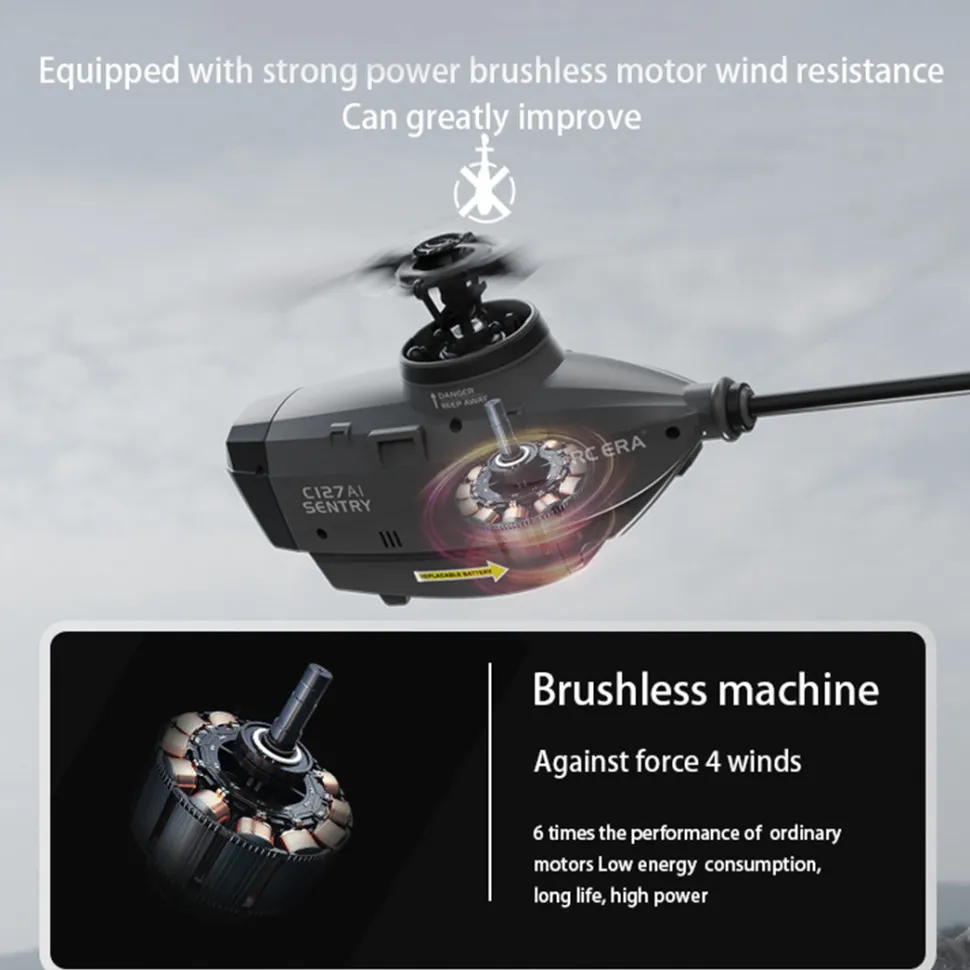 C127AI RC Helicopt, 2.4G RC 4CH Scout Drone Brushless Aircraft Model Without Aileron (RTF Version/Black)