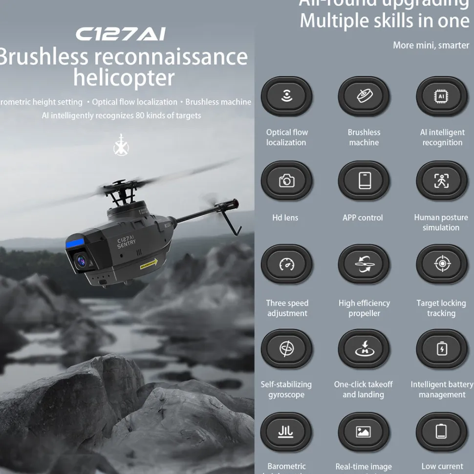 C127AI RC Helicopt, 2.4G RC 4CH Scout Drone Brushless Aircraft Model Without Aileron (RTF Version/Black)