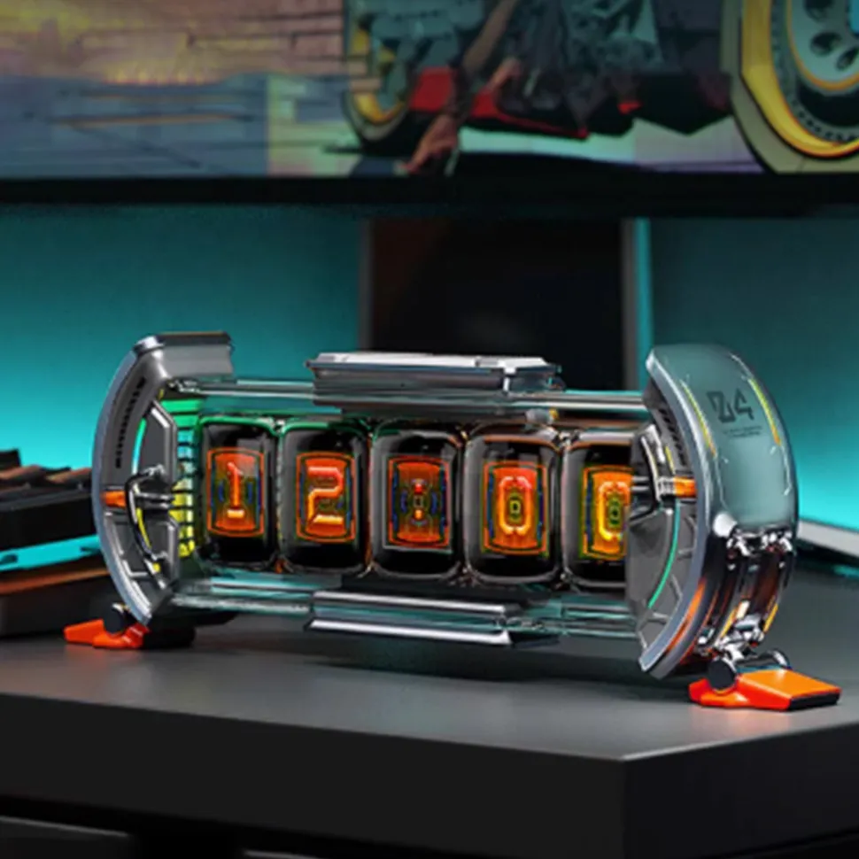Cyberpunk NIXIE Tube Clock - DIY Screen with Neon Lighting Effects, Customizable Digital Desk Decor, Unique Tech Gift