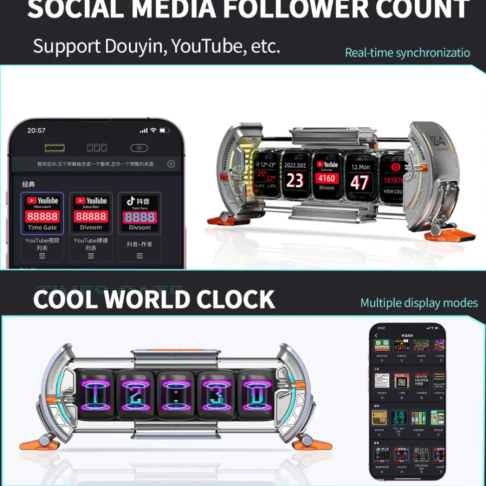 Cyberpunk NIXIE Tube Clock - DIY Screen with Neon Lighting Effects, Customizable Digital Desk Decor, Unique Tech Gift