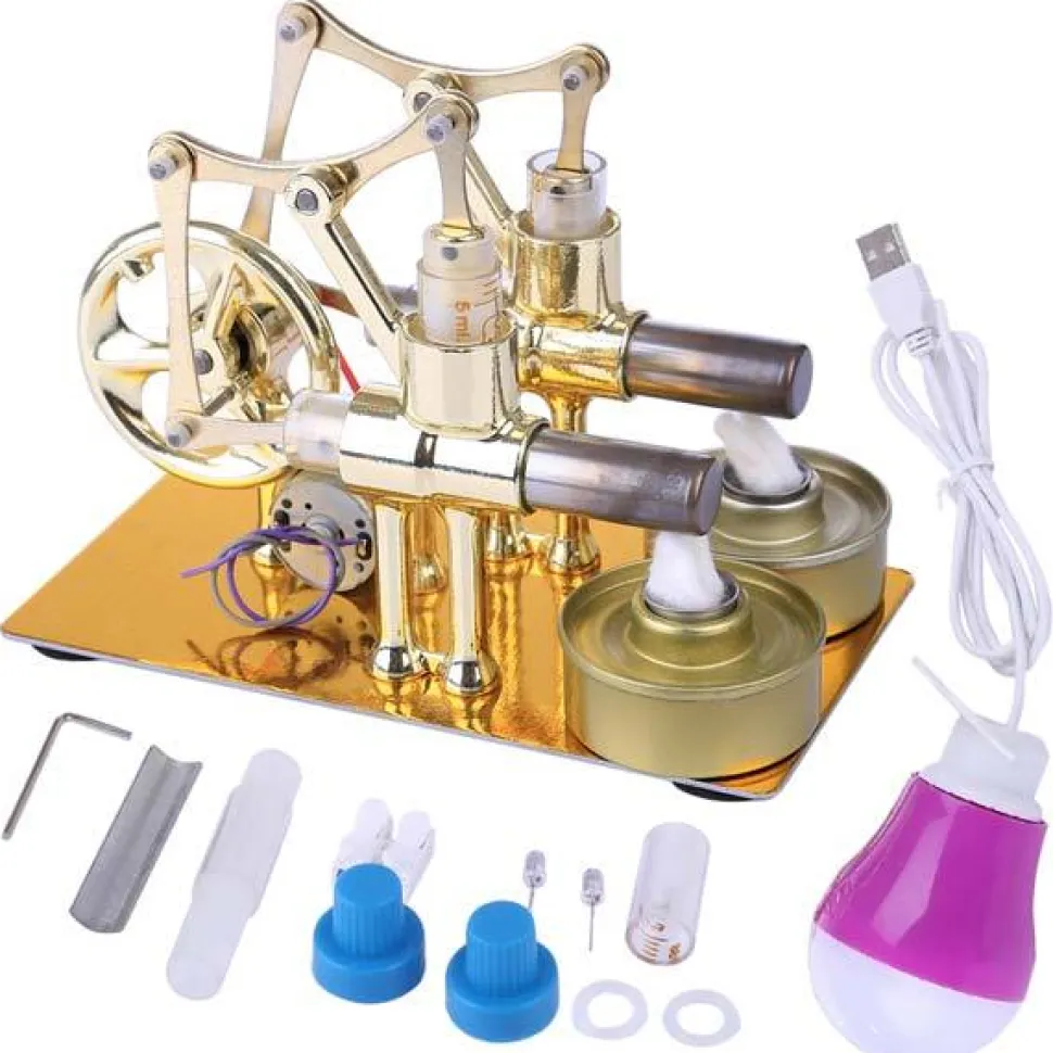 2 Cylinder Stirling Engine Electricity Generator with Bulb Stirling Engine Motor Model - Enginediy