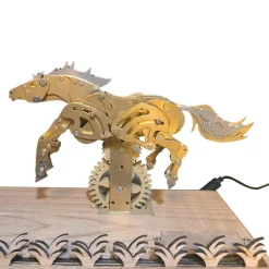 3D Mechanical Brass Horse Model with Wooden Base