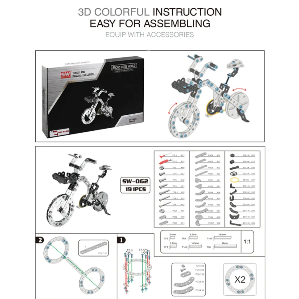 3D Metal Puzzle Bicycle Assembly Kit DIY Model Toys Kit Adults Kids -191PCS