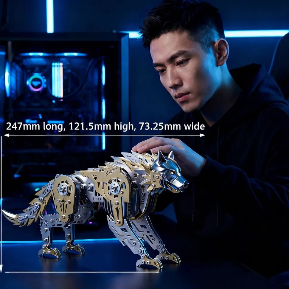 3D Metal Puzzle Mechanical Wolf Kit-Steampunk Creature Model with Movable Joints, Desktop Display Collectible Mechanical Figure