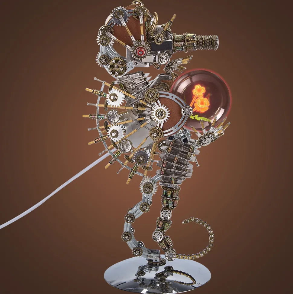 3D Metal Steampunk Craft Puzzle Mechanical Underwater Seahorse with Lamp Model DIY Assembly for Home Decor Creative Gift-2100PCS