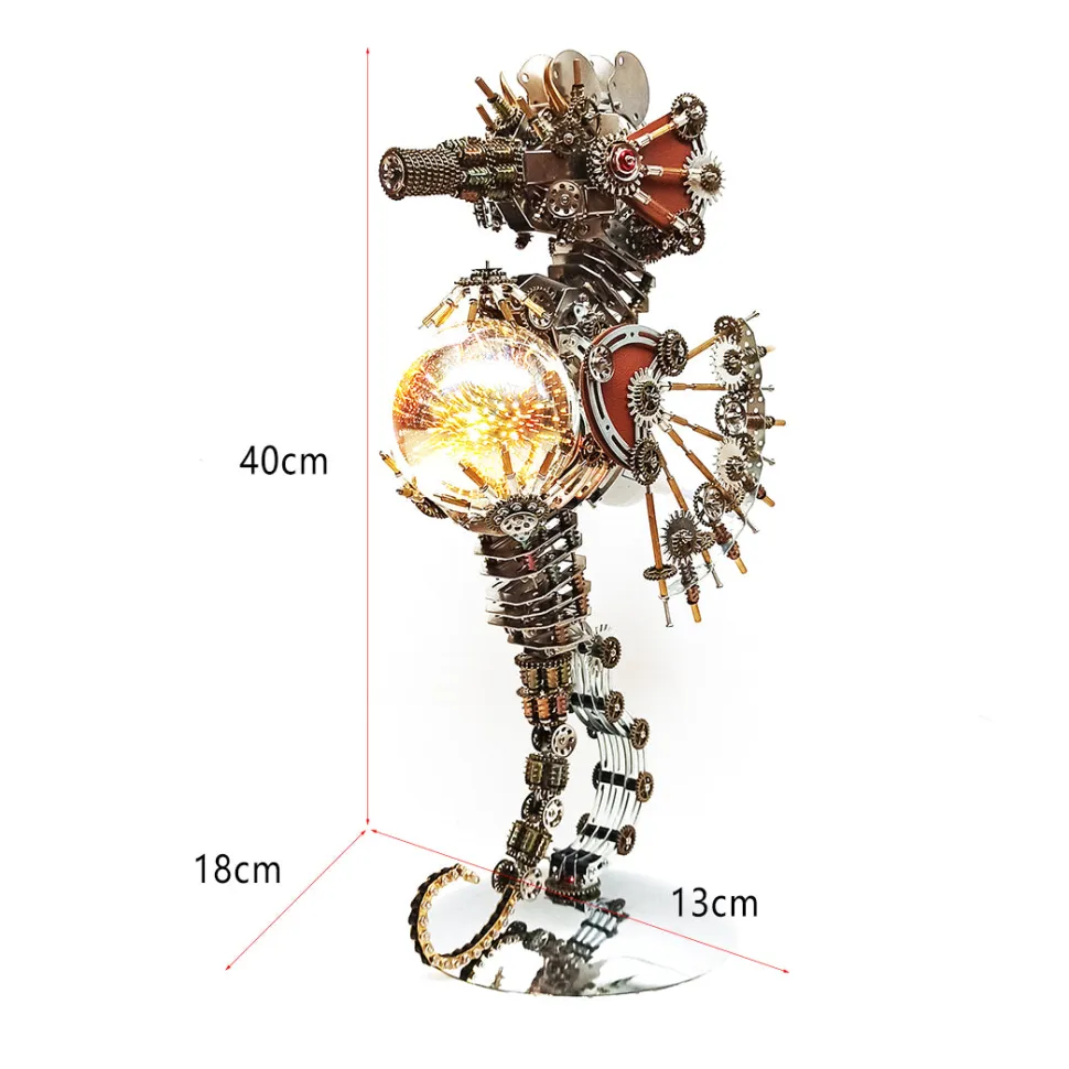 3D Metal Steampunk Craft Puzzle Mechanical Underwater Seahorse with Lamp Model DIY Assembly for Home Decor Creative Gift-2100PCS