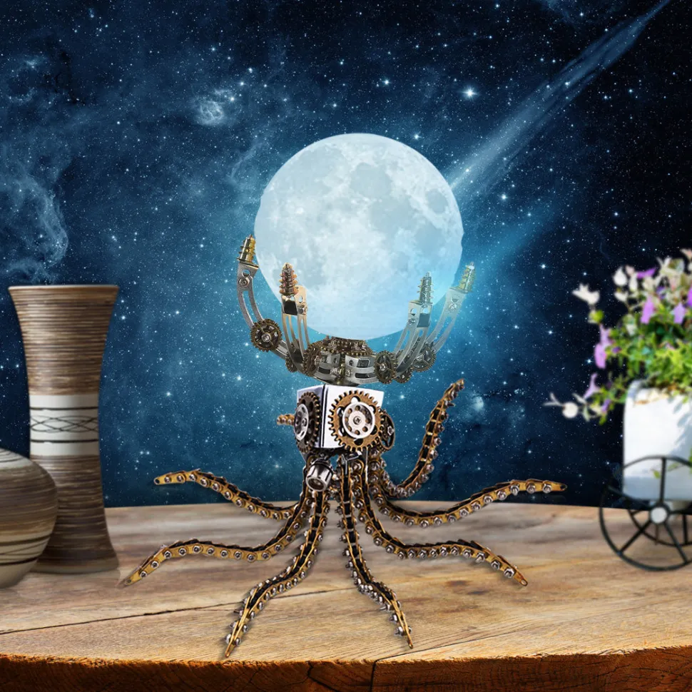 3D Metal Steampunk Galaxy Craft Puzzle Mechanical Octopus with 16 Colors Tap and Remote Control Lamp Model DIY Assembly for Home Decor Creative Gift-1060PCS