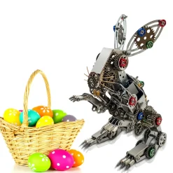 3D Metal Steampunk Puzzle Mechanical Easter Bunny Rabbit Model DIY Assembly Animal Jigsaw Puzzle Kit with Egg-500PCS+