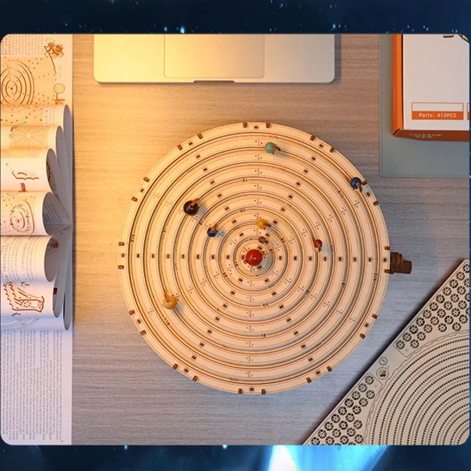 3D Wooden Mechanical Orrery Solar System Model Kit, DIY STEM Educational Desktop Display (413PCS)
