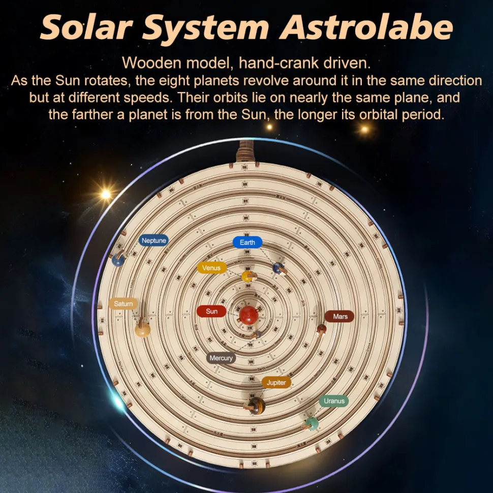 3D Wooden Mechanical Orrery Solar System Model Kit, DIY STEM Educational Desktop Display (413PCS)