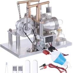 ENJOMOR Balance Type 2 Cylinder Hot Air Stirling Engine Generator Model with LED Bulb and Voltage Meter - STEM Toy
