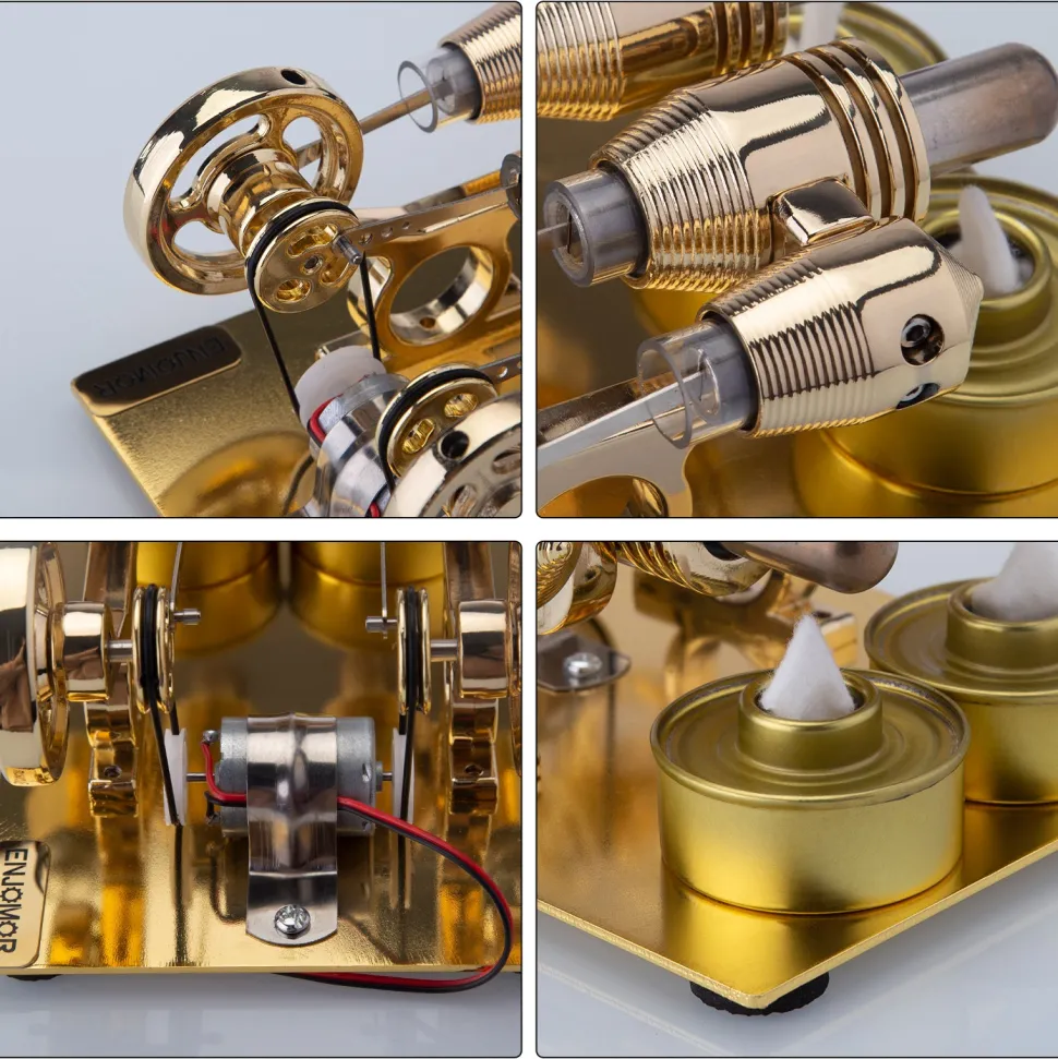 ENJOMOR Paratactic 4 Cylinder Hot Air Stirling Engine Model Mini Electric Generator with Light Bulb and Voltmeter - STEM Toy