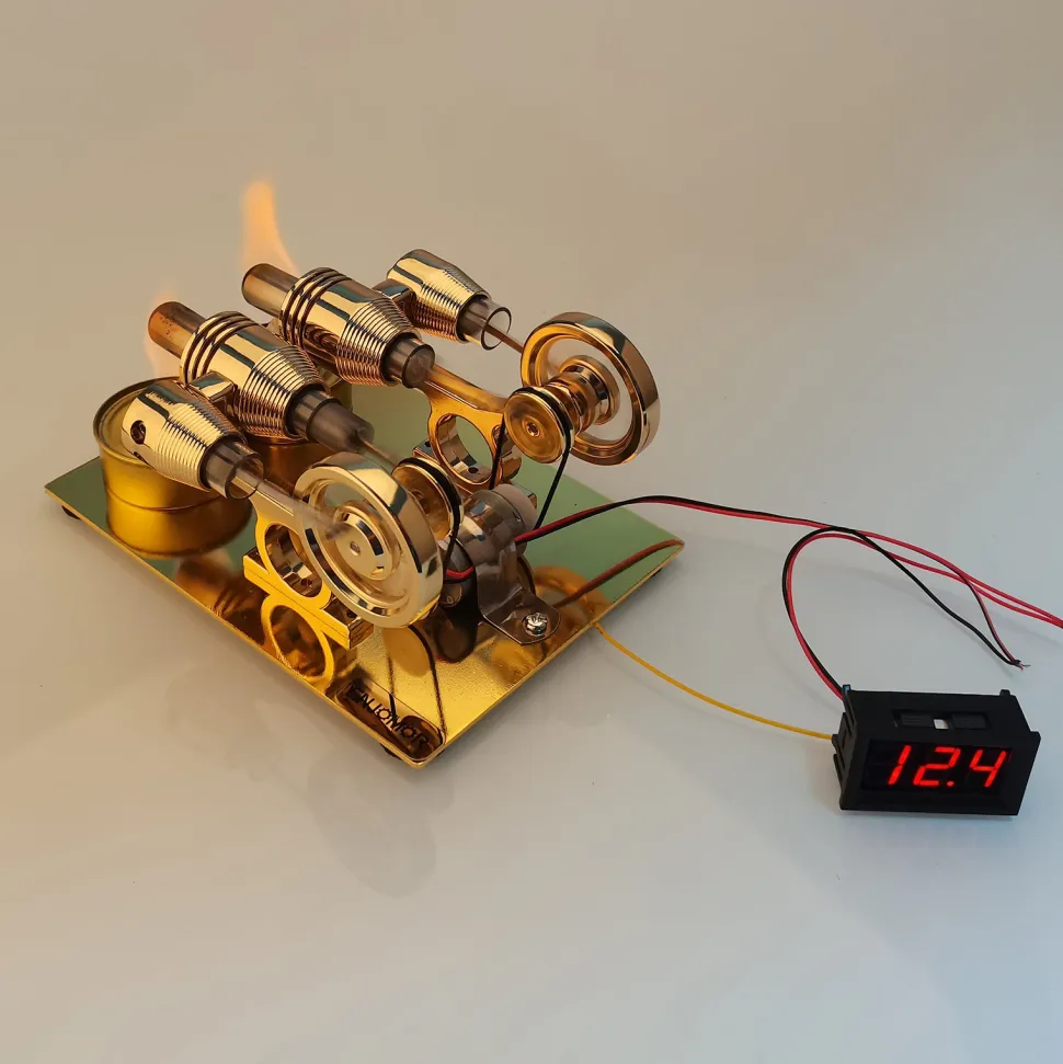 ENJOMOR Paratactic 4 Cylinder Hot Air Stirling Engine Model Mini Electric Generator with Light Bulb and Voltmeter - STEM Toy
