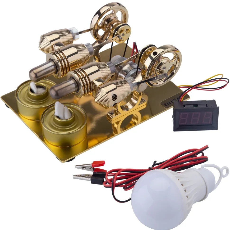 ENJOMOR Paratactic 4 Cylinder Hot Air Stirling Engine Model Mini Electric Generator with Light Bulb and Voltmeter - STEM Toy