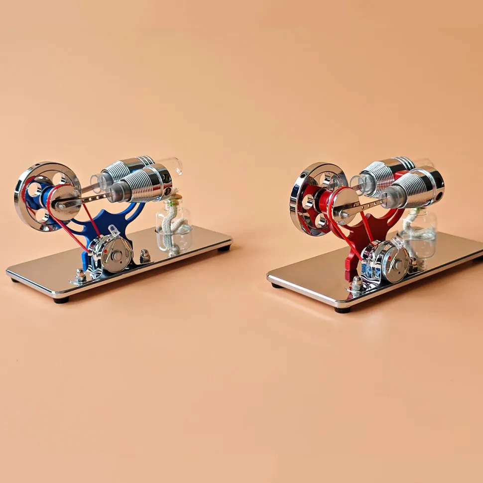 ENJOMOR γ-Type Mirror-Reflective Thermal Air Stirling Engine Generator Model with LED Bulb String