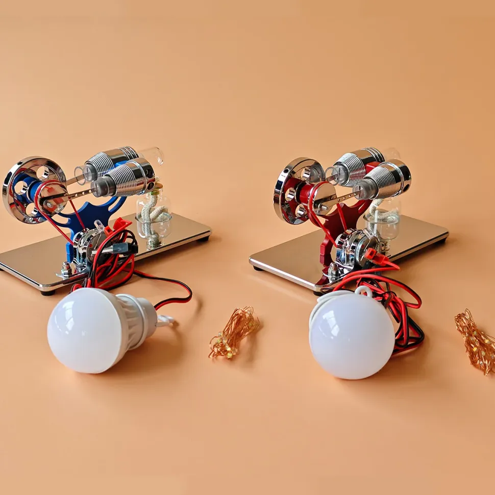 ENJOMOR γ-Type Mirror-Reflective Thermal Air Stirling Engine Generator Model with LED Bulb String