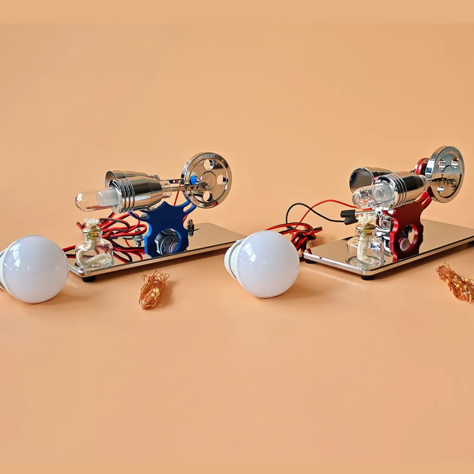ENJOMOR γ-Type Mirror-Reflective Thermal Air Stirling Engine Generator Model with LED Bulb String