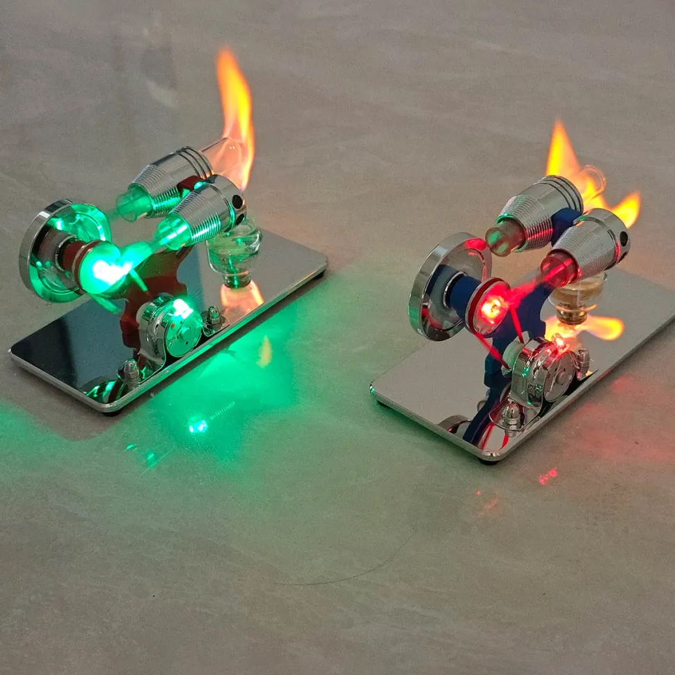 ENJOMOR γ-Type Mirror-Reflective Thermal Air Stirling Engine Generator Model with LED Bulb String