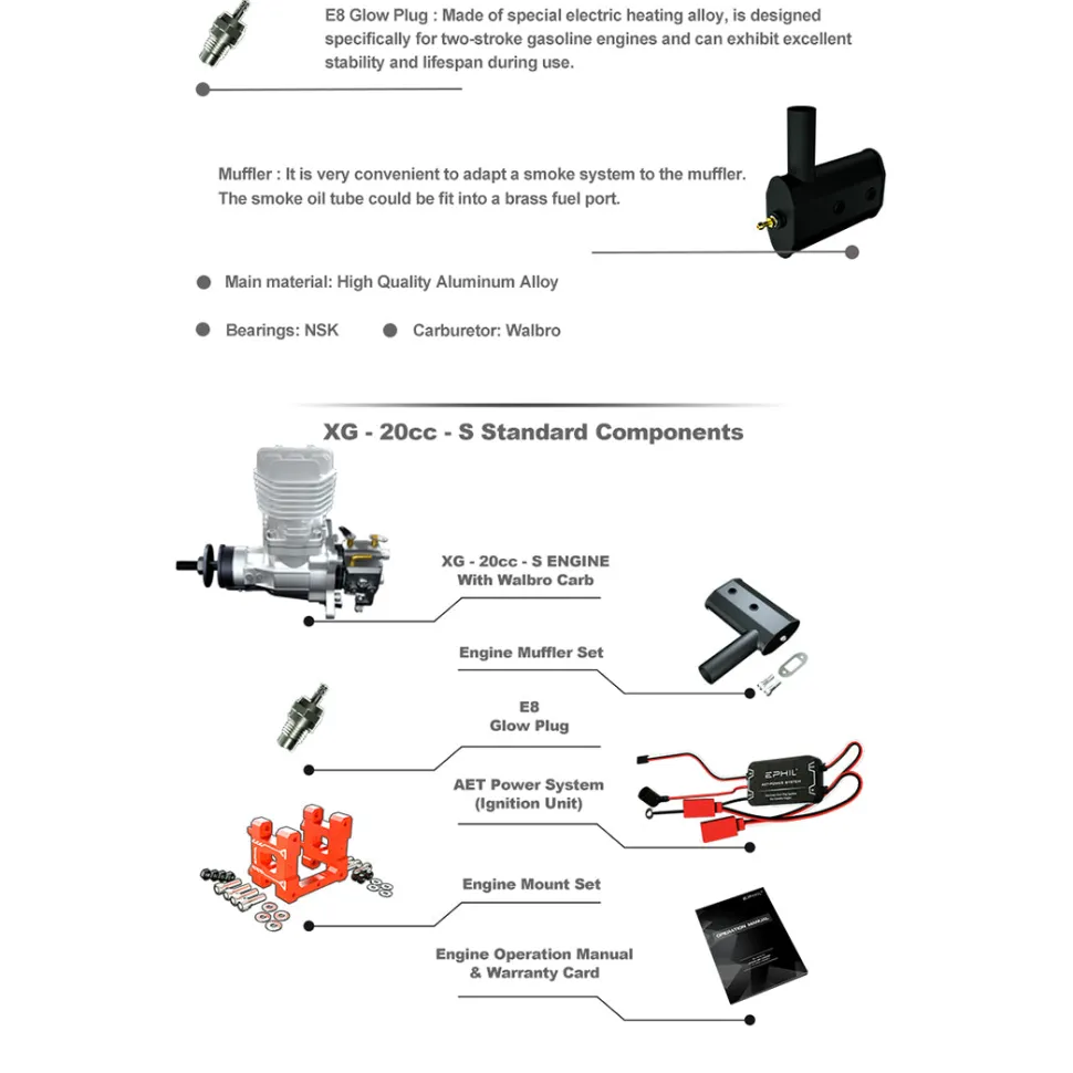 EPHIL XG-20cc-S Glow Plug Two-Stroke Single Cylinder Gasoline Engine Model for Fixed-Wing Aircraft Models