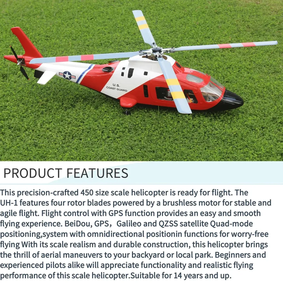 FLISHRC Agusta A109 500-Class RC Helicopter 2.4G 6CH with L7 Flight Controller & 4-Mode GPS Positioning – RTF Version