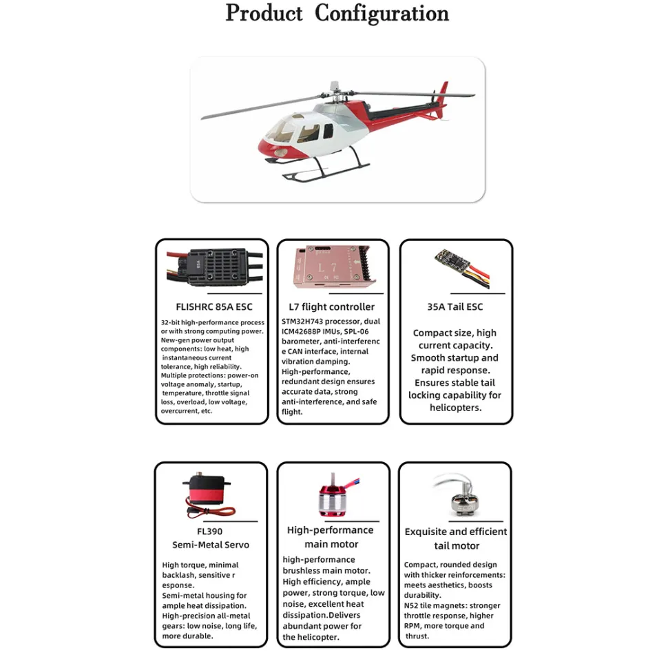 FLISHRC Eurocopter AS350 500-Class RC Helicopter 2.4G 6CH with L7 Flight Controller & 4-Mode GPS Positioning – RTF Version
