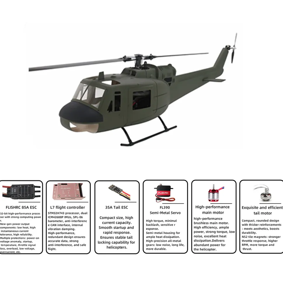 FLISHRC FL500 UH-1 Huey 500-Class 2.4G 6CH Scale RC Helicopter with L7 Flight Controller & 4-Mode GPS Positioning