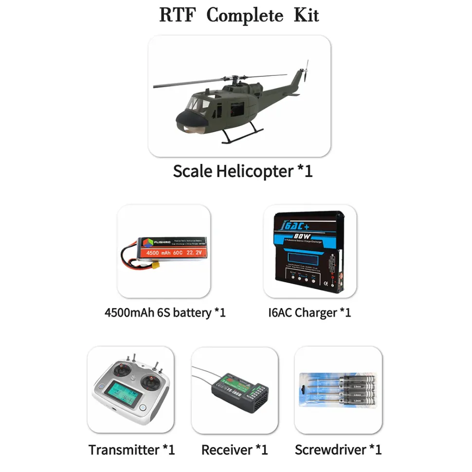FLISHRC FL500 UH-1 Huey 500-Class 2.4G 6CH Scale RC Helicopter with L7 Flight Controller & 4-Mode GPS Positioning
