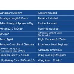 2.4G 4CH EPP Fixed Wing RC Glider, 1280mm Large Wingspan, JST Connector, No Reflex (RTF Version)