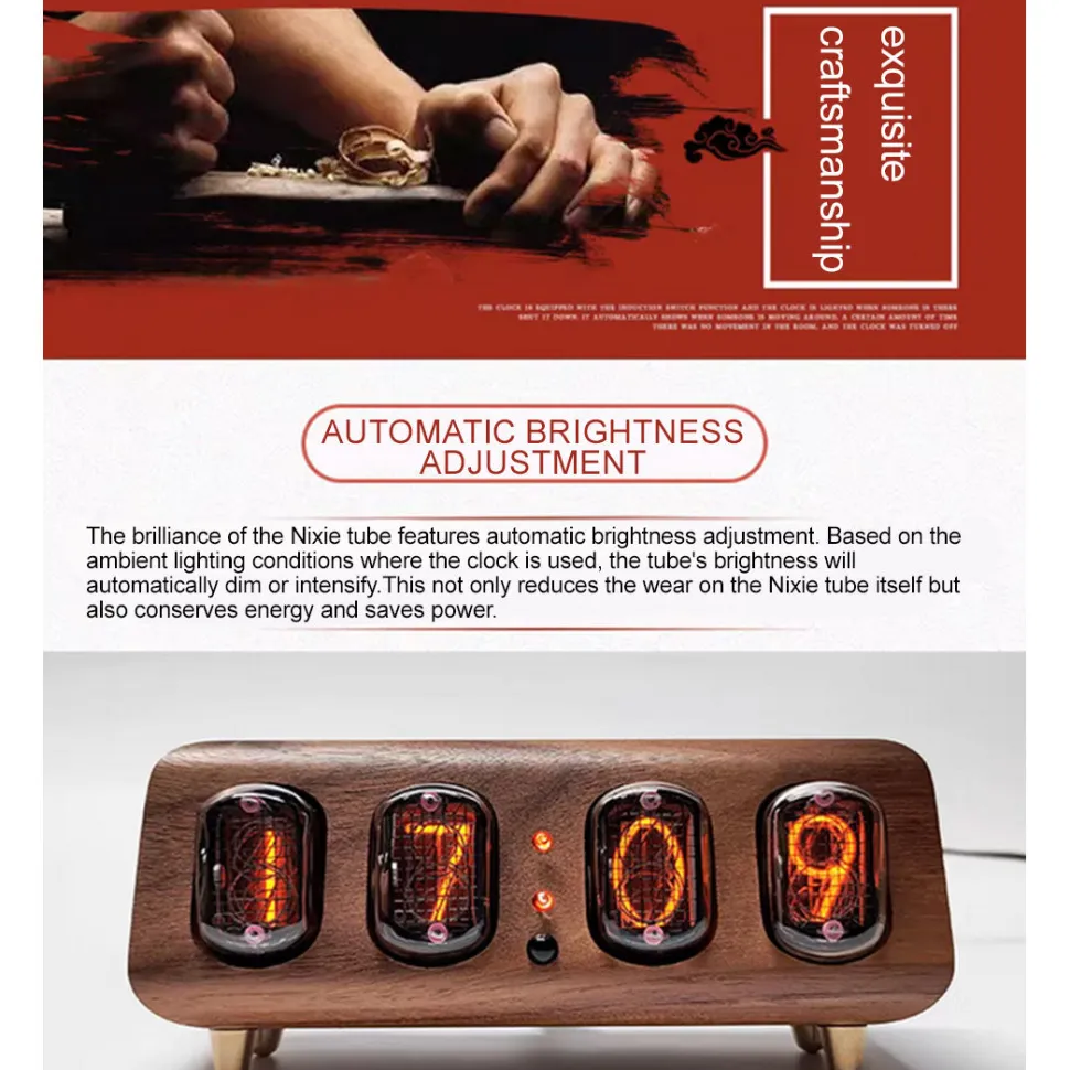 IN-12 Nixie Tube Clock Bluetooth Alarm Clock, Vintage Glow Tube Desk Clock with Black Walnut Wood & Remote Control