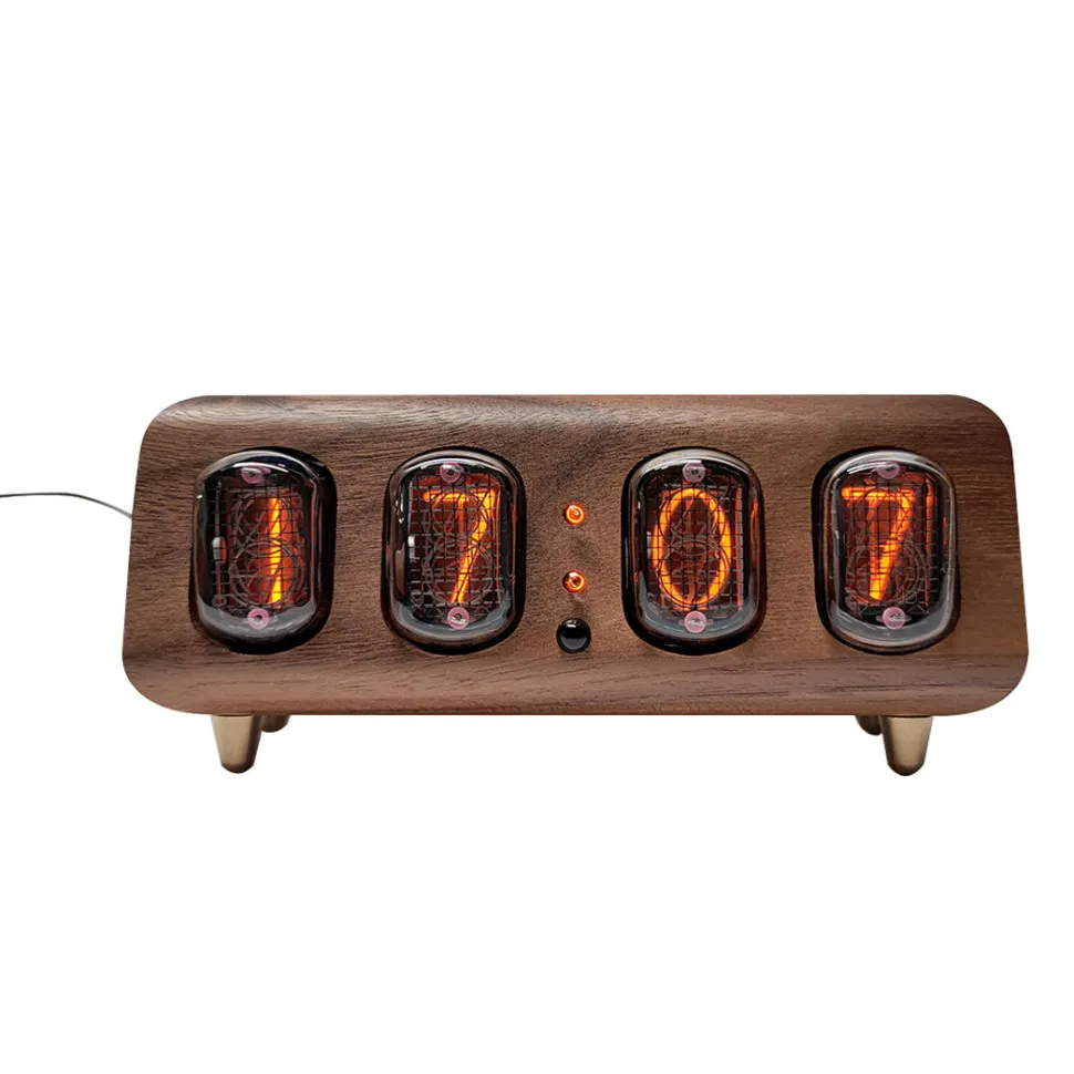 IN-12 Nixie Tube Clock Bluetooth Alarm Clock, Vintage Glow Tube Desk Clock with Black Walnut Wood & Remote Control