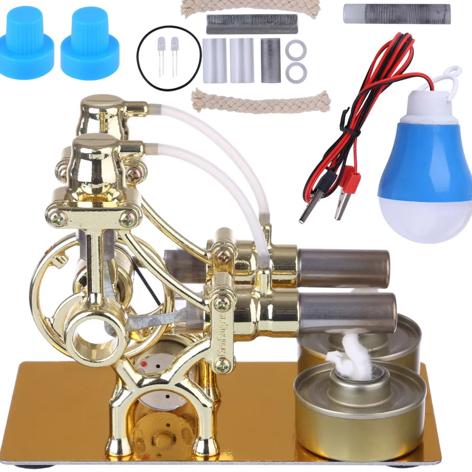L-Type 2 Cylinder Stirling Engine Generator Model with LED Diode and Bulb Science Experiment Teaching Model Toy Collection