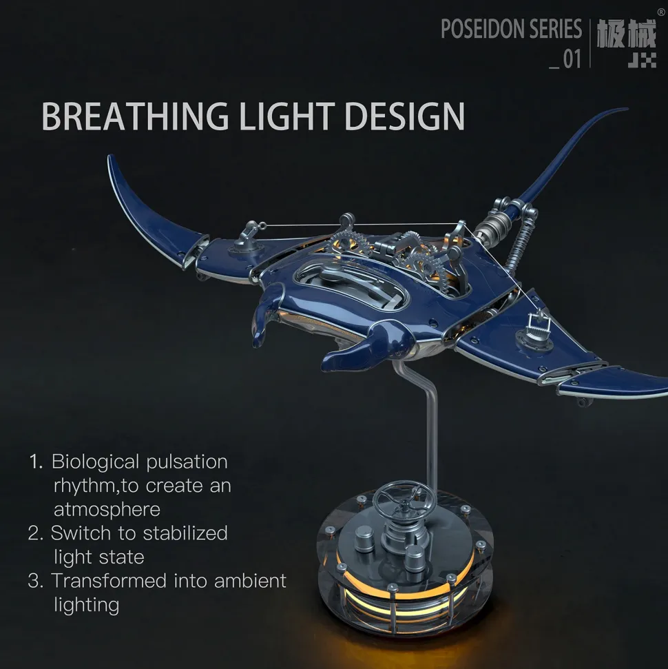 Manta Ray Mechanical Marine Biological 3D Metal Assembly Model with Lights