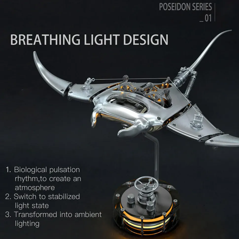 Manta Ray Mechanical Marine Biological 3D Metal Assembly Model with Lights