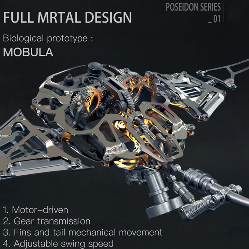 Manta Ray Mechanical Marine Biological 3D Metal Assembly Model with Lights