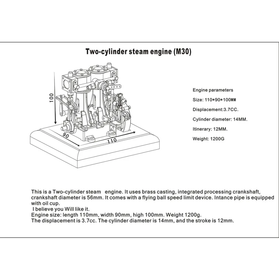 M30 3.7CC Mini Retro Vertical Double-cylinder Reciprocating Double-acting Steam Engine Model Toys with Speed Reducer