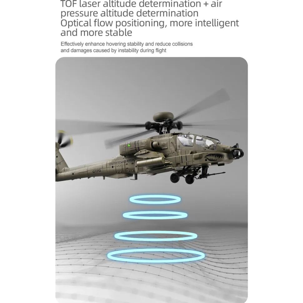 RC ERA C170 AH-64D 1/48 Scale 2.4G 6CH Flybarless Military RC Helicopter Model With Optical Flow Positioning, TOF Altitude Hold, One-Key Inverted Flight and Brushless Motor (RTF Version)