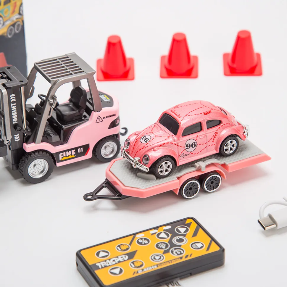 RC Forklift Remote Control Forklift With Flatbed Trailer Pullback Car 1/64 Scale 2.4G Kids Toy
