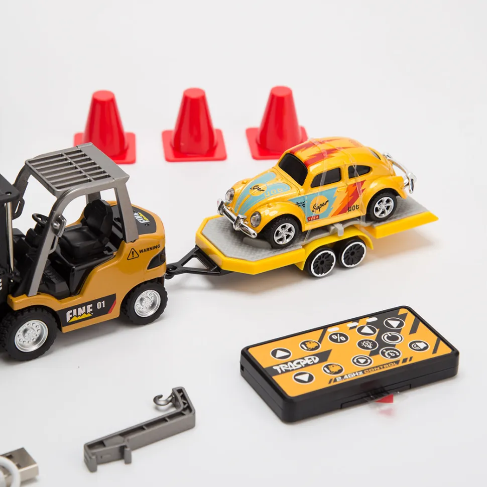 RC Forklift Remote Control Forklift With Flatbed Trailer Pullback Car 1/64 Scale 2.4G Kids Toy