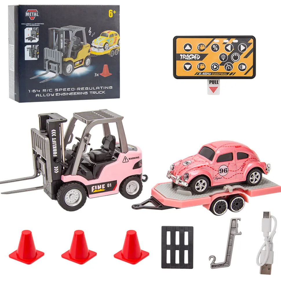 RC Forklift Remote Control Forklift With Flatbed Trailer Pullback Car 1/64 Scale 2.4G Kids Toy