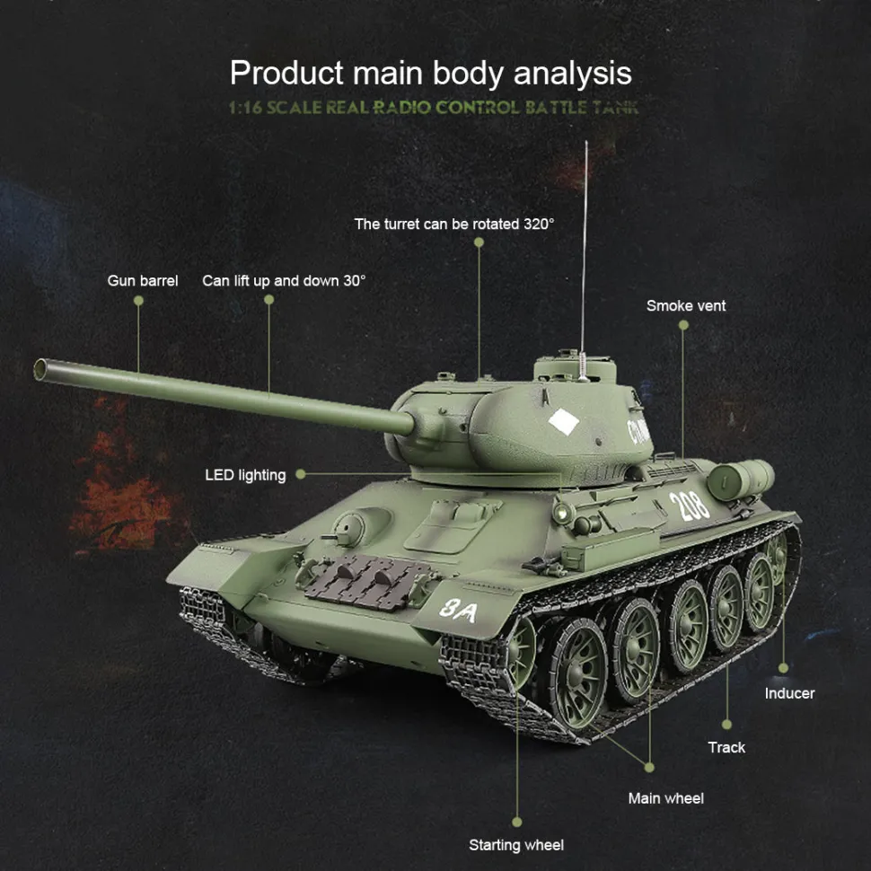 1/16 RC Tank Soviet T-34 Medium Tank 2.4G Remote Control Model Military Tank with Sound Smoke Shooting Effect - Upgraded Edition