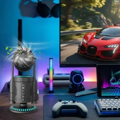 Rocket-Style Desktop Fan with Dual Mist Spray & RGB Lights - Ultra-Quiet Tech Decor for Office