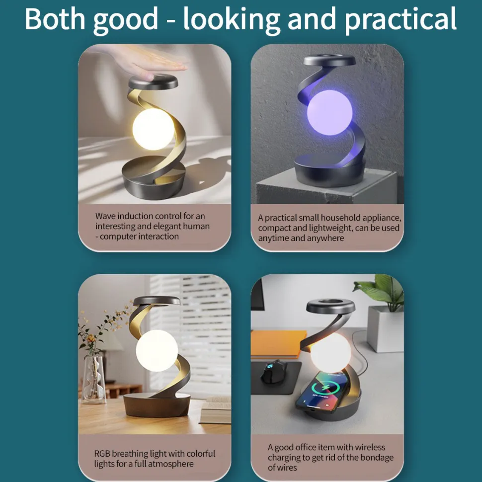 Rotating Levitating Night Light – Wireless Charging Bedside Ambient Lamp, Desktop Decor