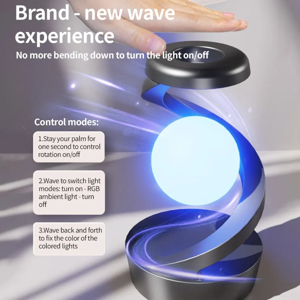 Rotating Levitating Night Light – Wireless Charging Bedside Ambient Lamp, Desktop Decor