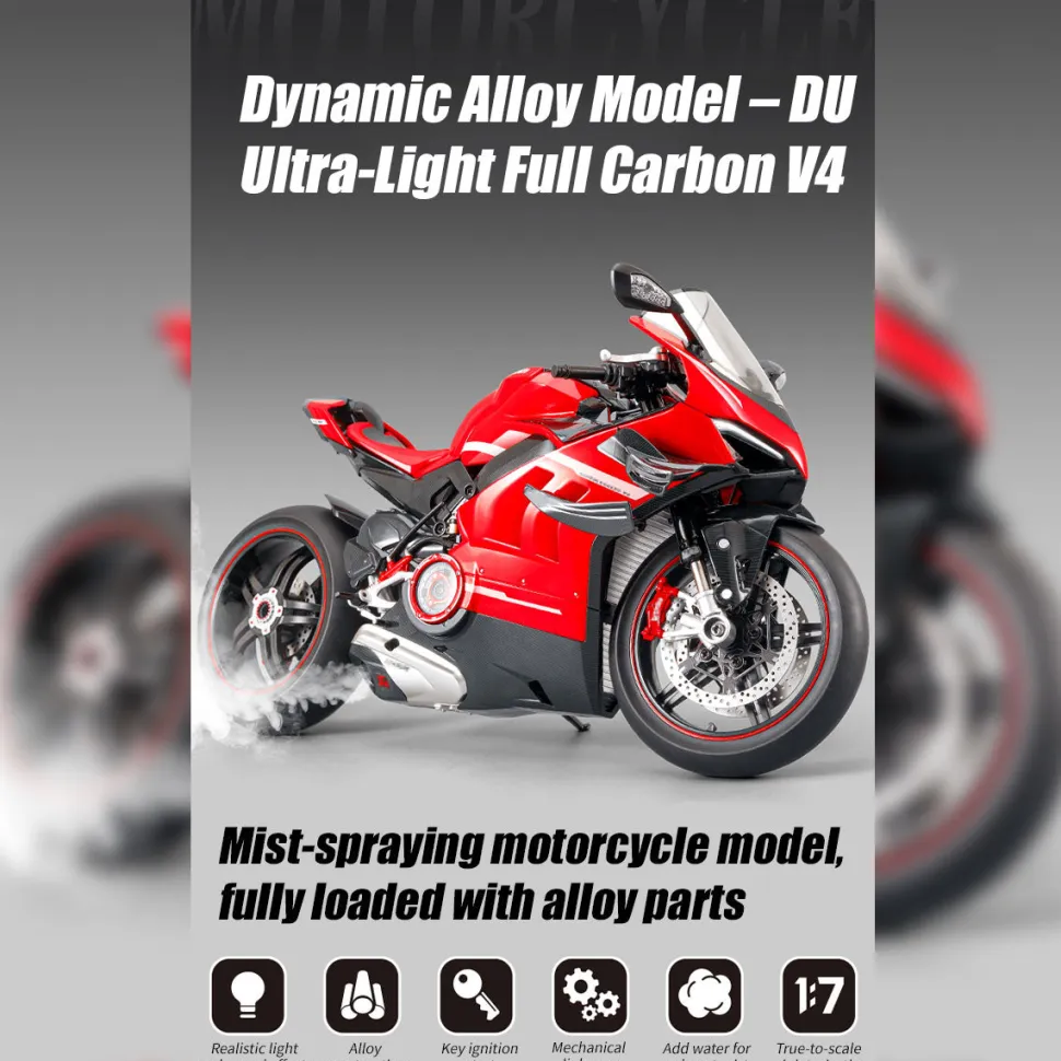 1/7 Scale Alloy Dynamic Motorcycle Model V4 Top Edition with Ignition System & Smoke Spray