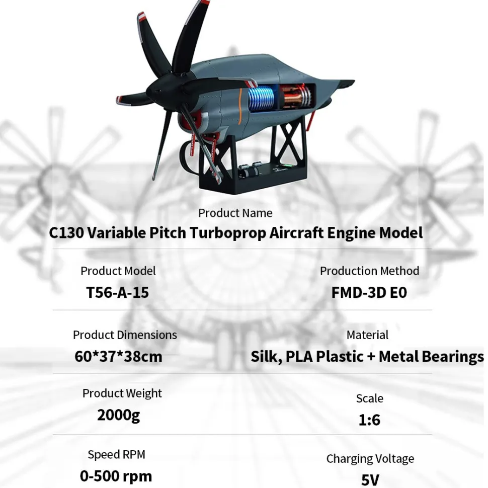 1/6 Scale C130 FDM 3D-Printed Variable-Pitch Turboprop Engine Model, STEM Educational Tool