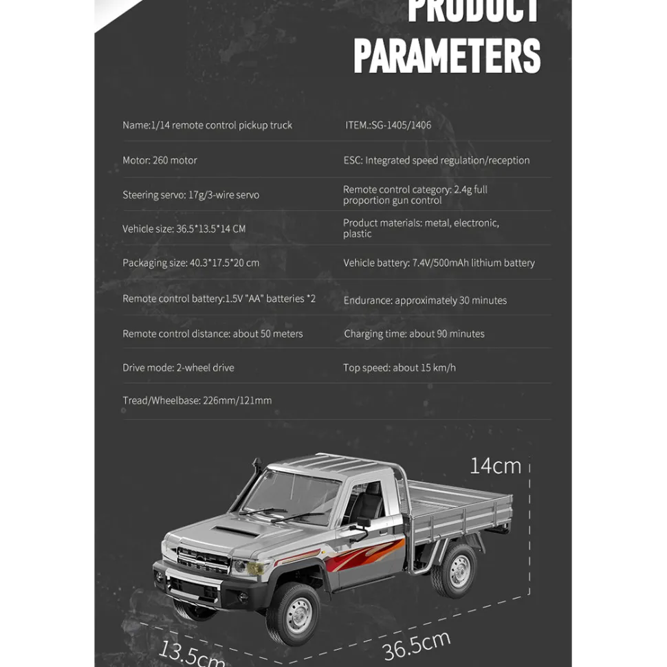 1/14 Scale 2.4G Full-Proportional RC Pickup Truck with Independent Suspension and Adjustable Gear Settings