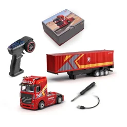 1/64 Scale 2.4GHz 4WD RC Container Truck, RTR RC Semi Truck with Proportional Steering, Independent Trailer Control, 3 Speed Gears, Cruise Function, Lifting Support Legs, Light & Sound Effects