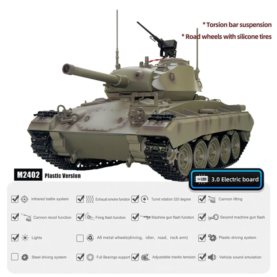 1/16 Scale 2.4G RC US M24 Light Tank Model With Smoke and Sound Effects