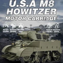 1/16 Scale 2.4G U.S. M8 Self-Propelled Howitzer RC Simulation Tank Model with Sound and Lights, Telescoping Smoke, Dual-Speed Modes