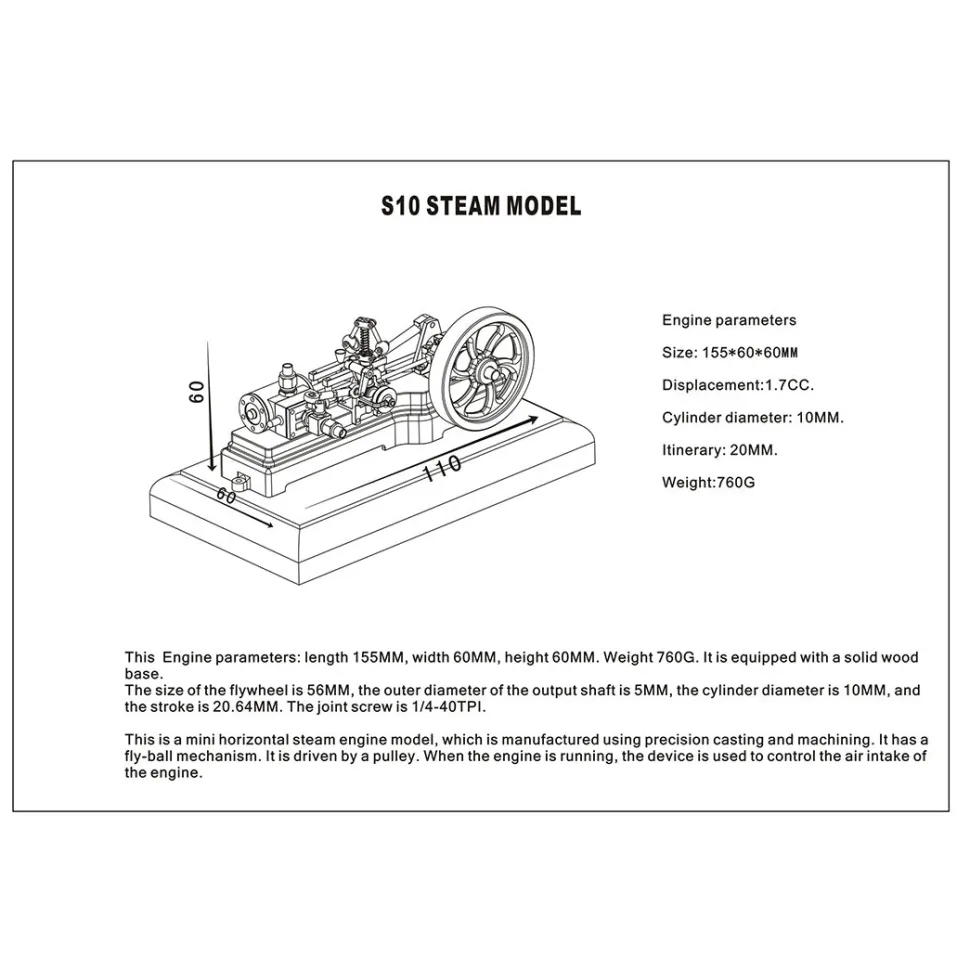 S10 1.7CC Mini Retro Horizontal Single-cylinder Reciprocating Double-acting Mill Steam Engine Model Toys with Speed Reducer